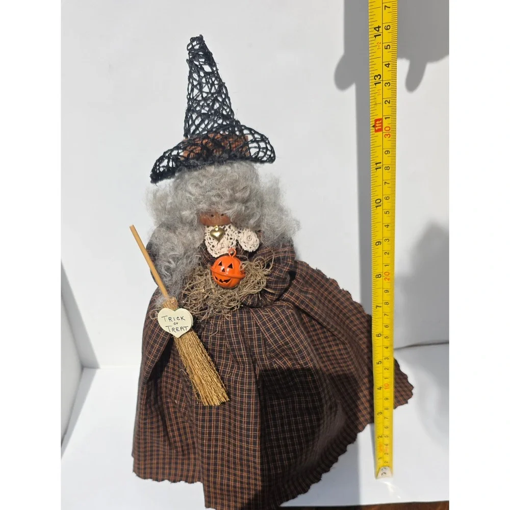 Vintage Primitive Halloween Witch Doll Handmade Folk Art Plaid Decor 14.5 inch